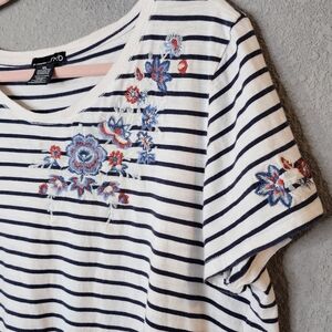 RXB‎ Striped Shirt Womens XL Floral Embroidery RED WHITE BLUE American Nautical